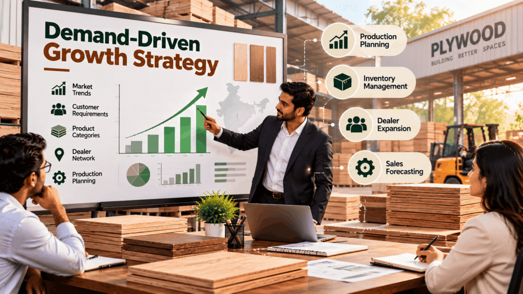 Demand-driven growth strategy for plywood manufacturers focusing on market trends, production planning, inventory management, dealer expansion, and sales forecasting.
